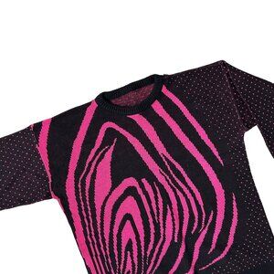 Vintage Sweater Size 6 Floral 1980s Black Pink Flower Dots Retro Womens Fashion